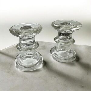 Clear Glass Ribbed Candle Holders - Set of 2